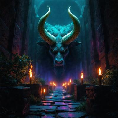 The primary subject of the image is a large, horned creature, possibly a demon or a monster, with a menacing expression. The creature is standing in front of a stone wall, which serves as the setting for the scene. The visual style of the image is digital art, with the creature being depicted in a detailed and realistic manner. The dominant colors in the image are dark and ominous, creating a mood of fear and unease.